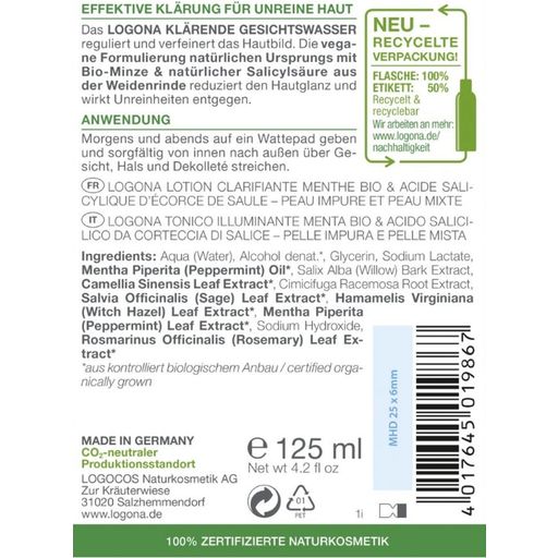 Organic Mint & Salicylic Acid Clarifying Toner - 125 ml